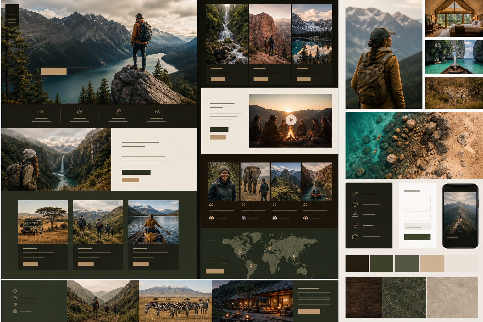 Editorial travel design system with adventure imagery and earthy colours