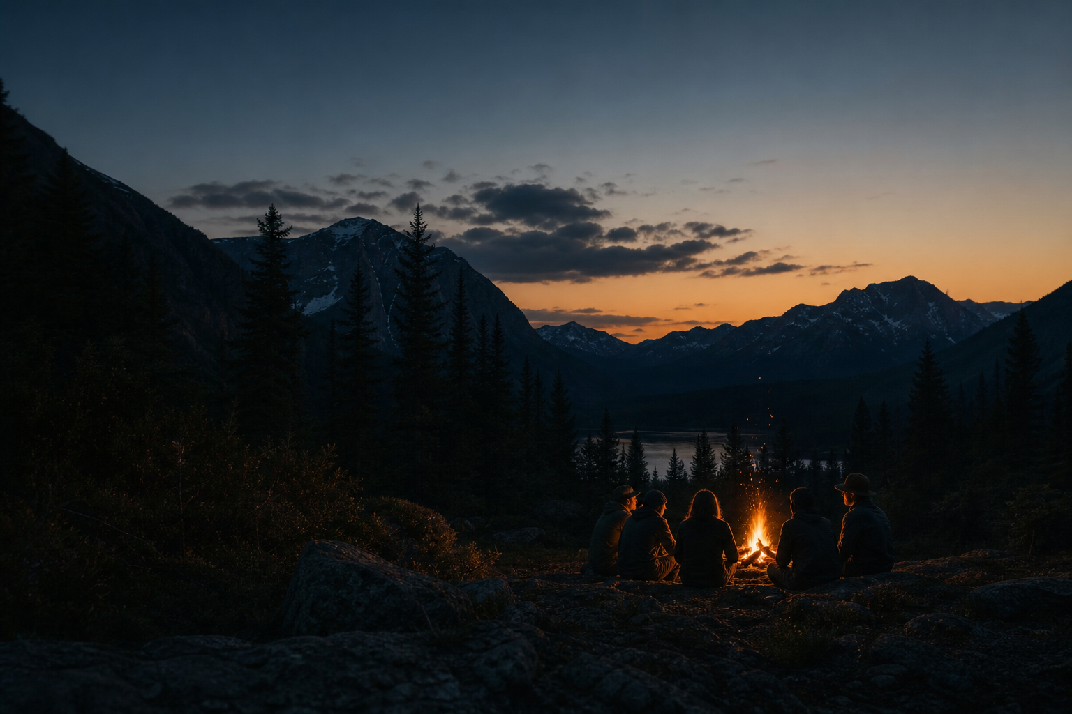 Small group gathered around a campfire in a mountain valley