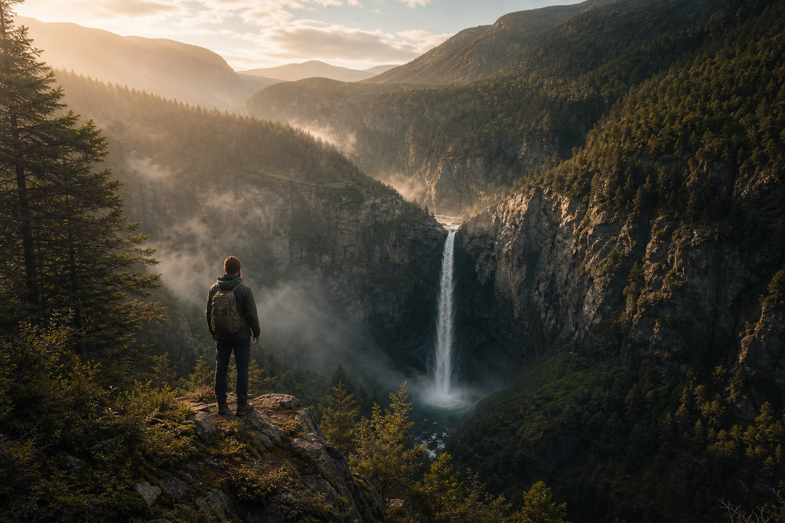 Traveler overlooking a waterfall canyon in the mountains