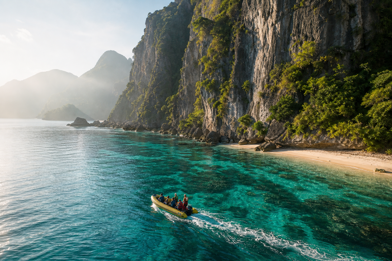 Small expedition boat crossing turquoise coastal water