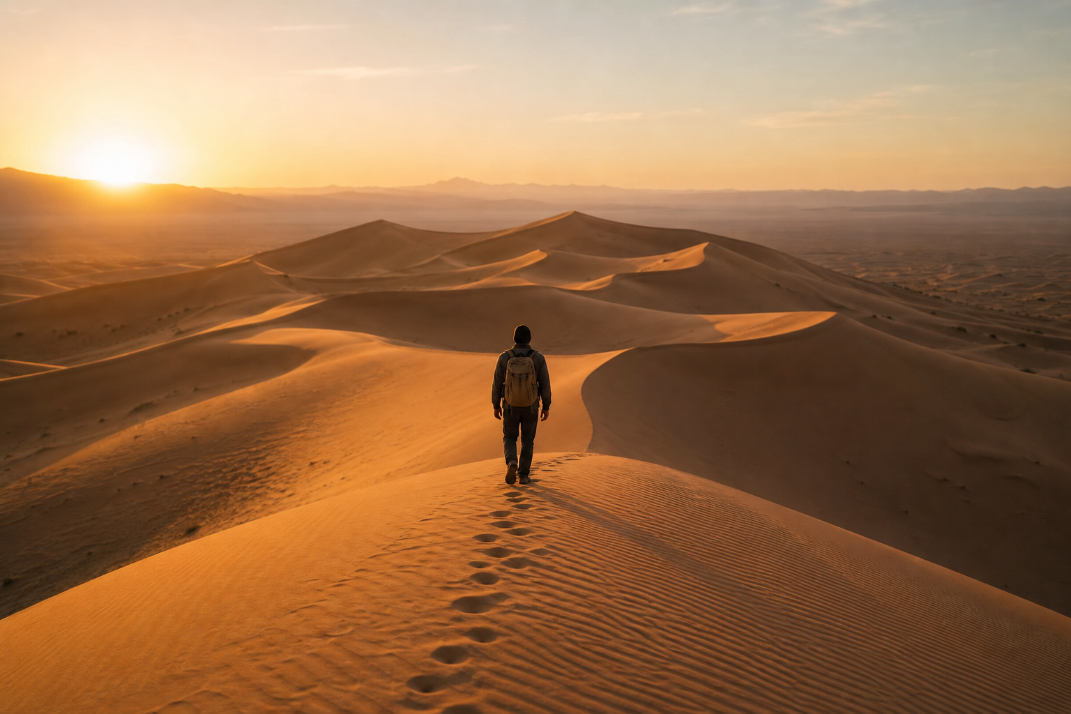 Traveler walking across desert dunes at golden hour