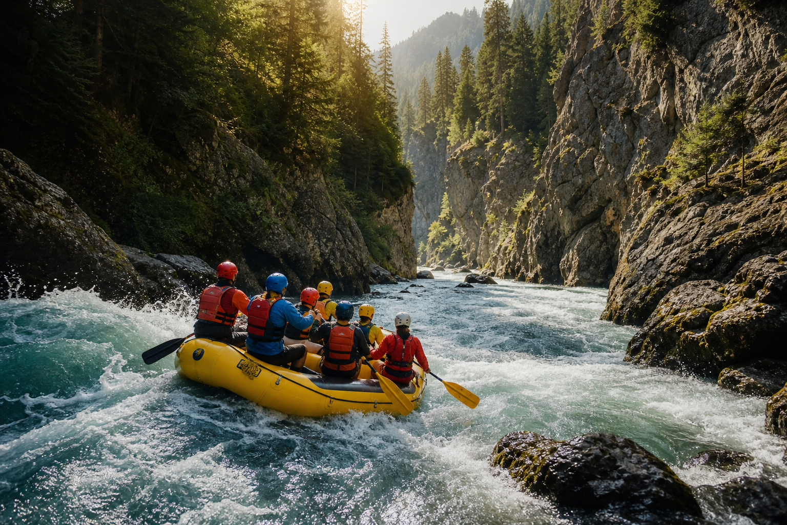 Travelers rafting through moving water
