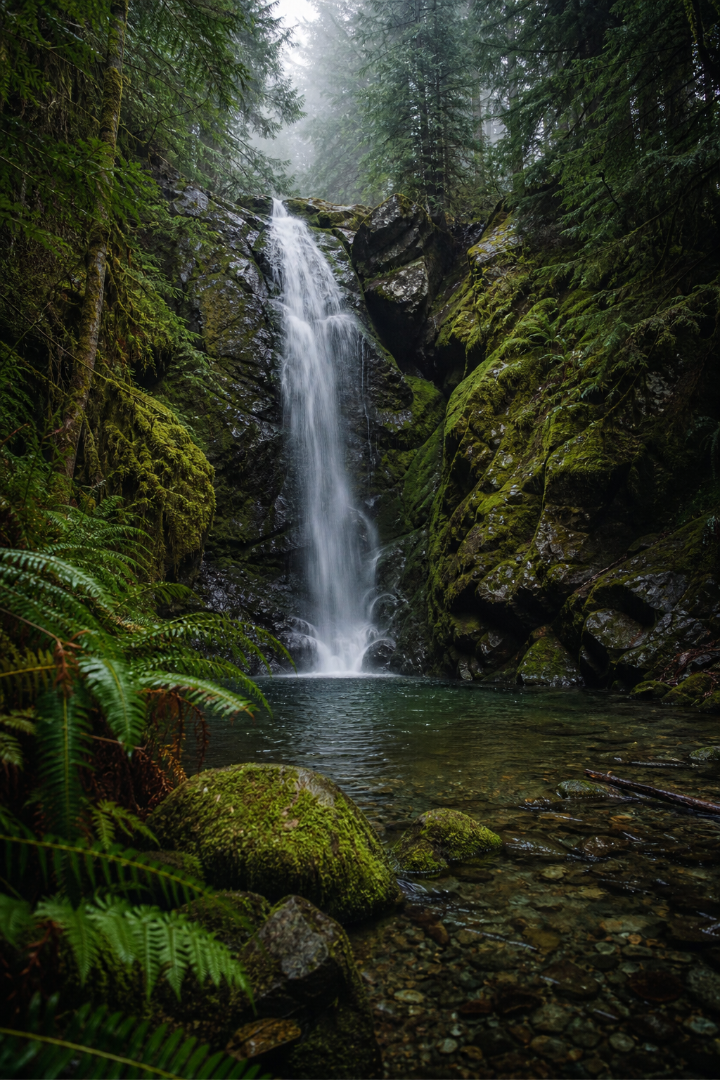 Waterfall in a mossy forest pool