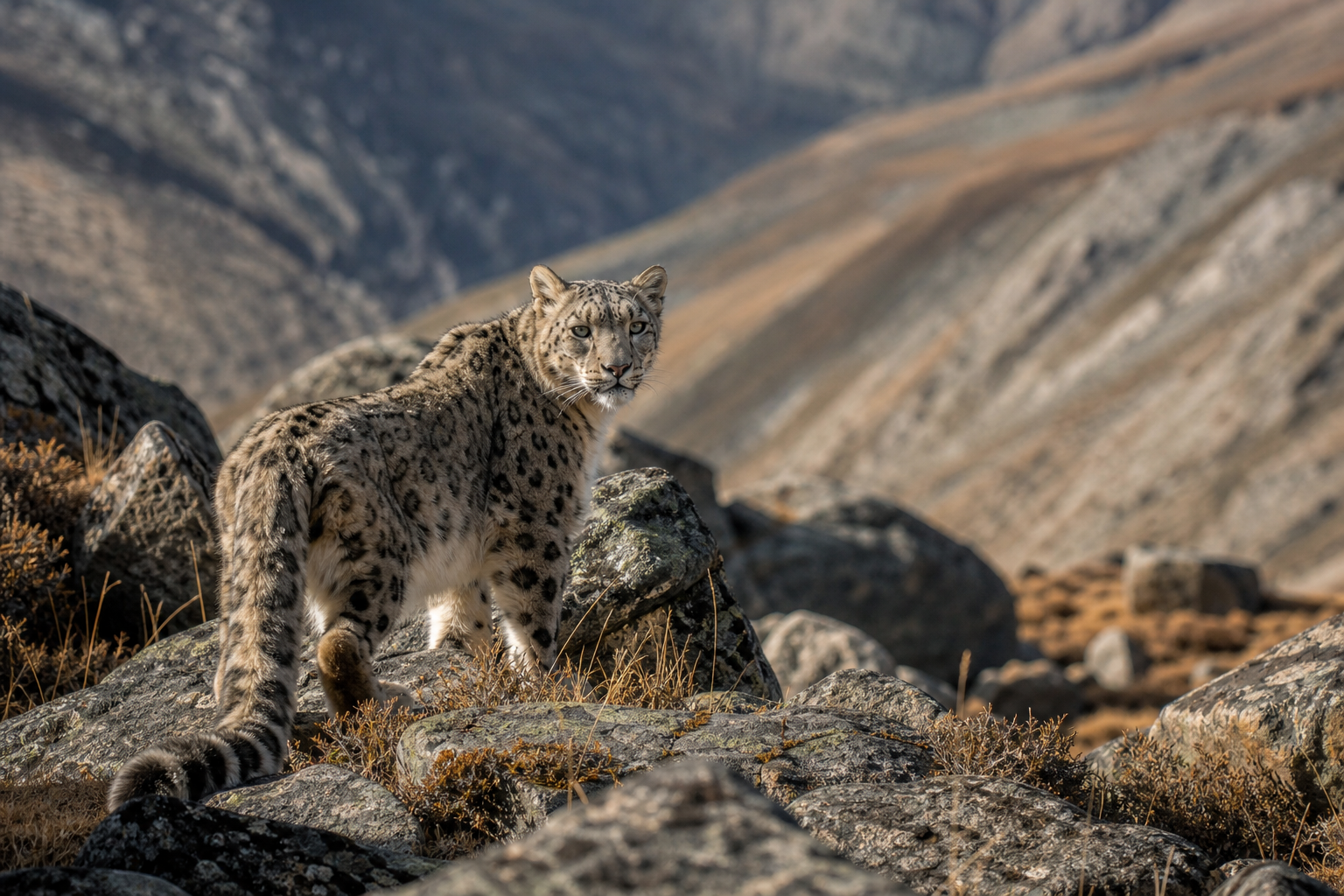 Wild cat standing in warm brush