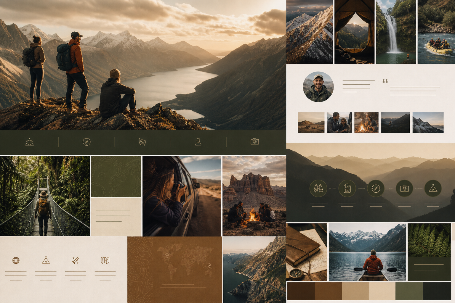 Adventure travel moodboard with mountains, forests, maps, and expedition imagery